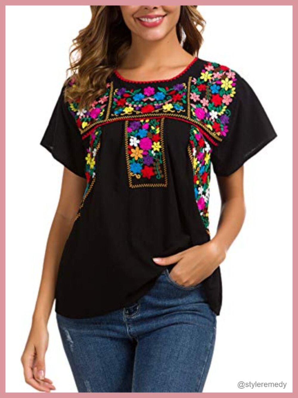 Women's Embroidered Peasant Blouse Short Sleeve Summer Tunic